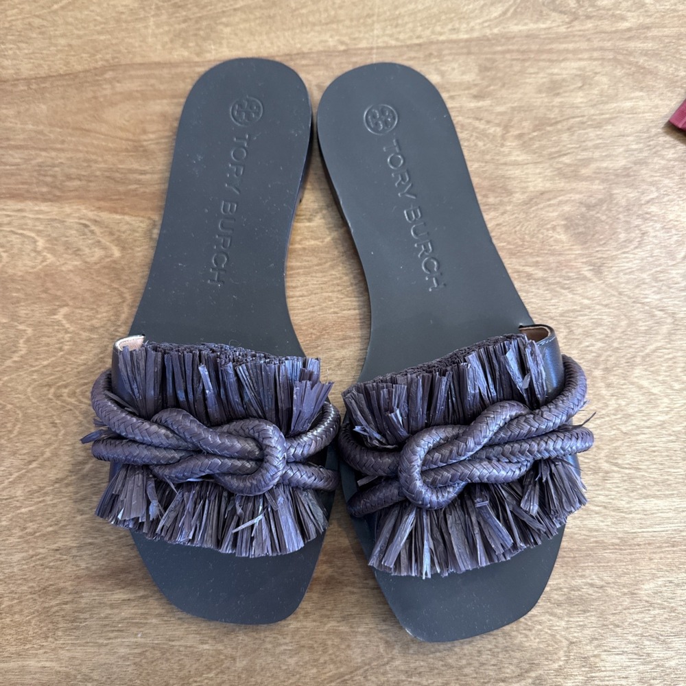 Tory Burch Brown Raffia Fringe Rope Flat Open Leather Sandal - Size 8